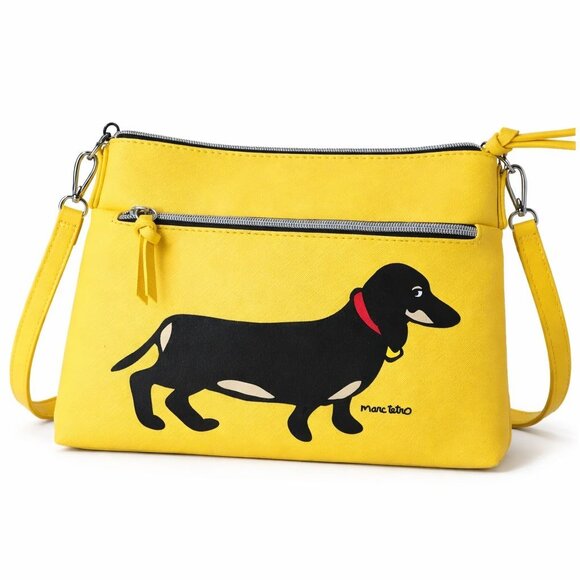 Marc Tetro Handbags - Marc Tetro Yellow Crossbody Bag With Dachshund Design & Striped Lining Adjustabl